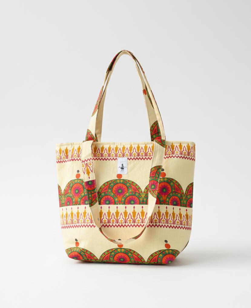 Decorative tote bag with a colorful pattern on a white background